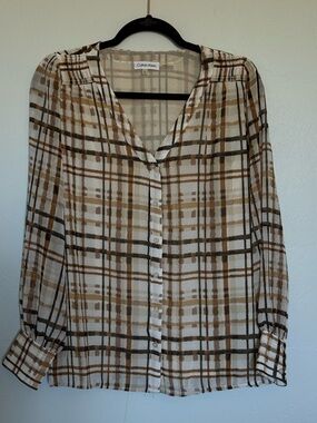 Calvin Klein Cream Plaid Button-Down Shirt with Brown Stripes